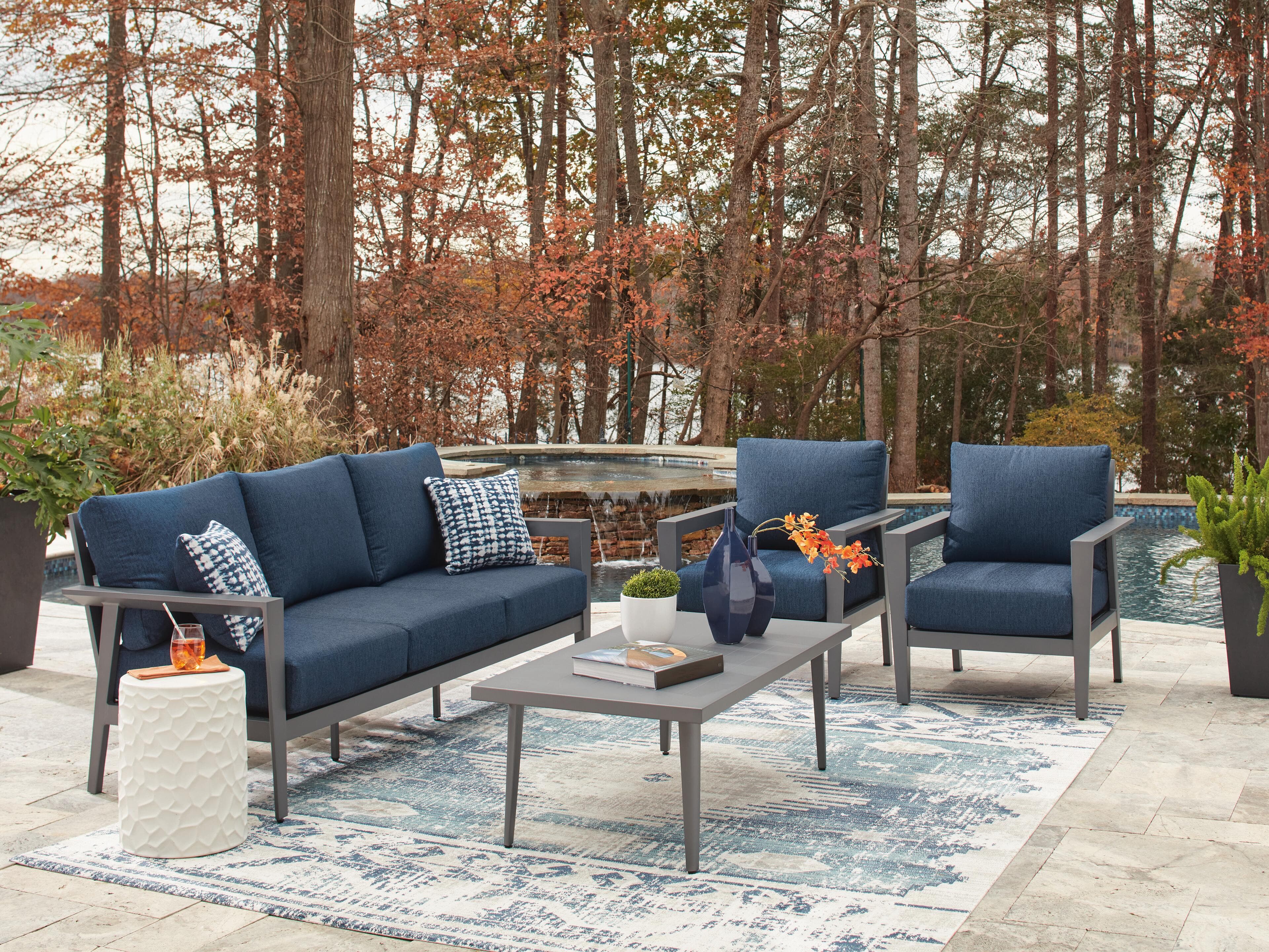 Gali Outdoor Sofa/Chairs/Table Set (Set of 4) — Black/Gray & Blue — view 4