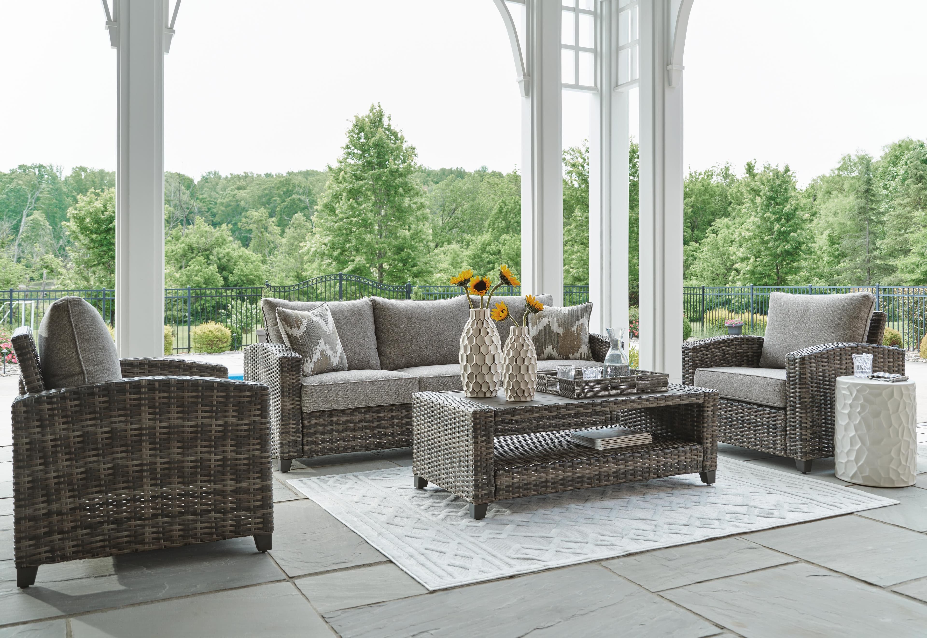 Oasis Court Outdoor Sofa/Chairs/Table Set (Set of 4) — Black/Gray & Brown/Beige — view 2