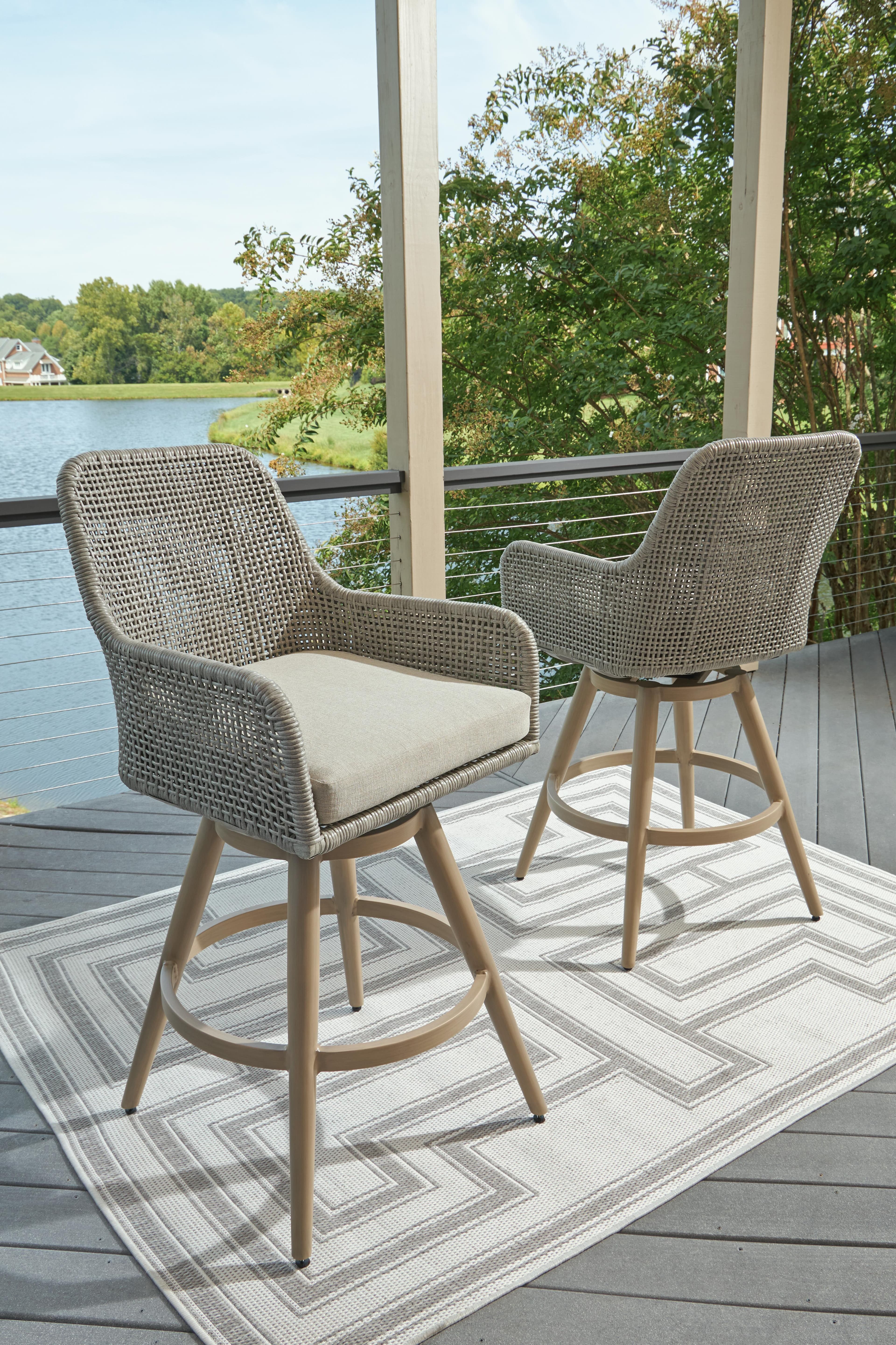 Seton Creek Outdoor Bar Height Barstool with Cushion (Set of 2) — Brown/Beige — view 2