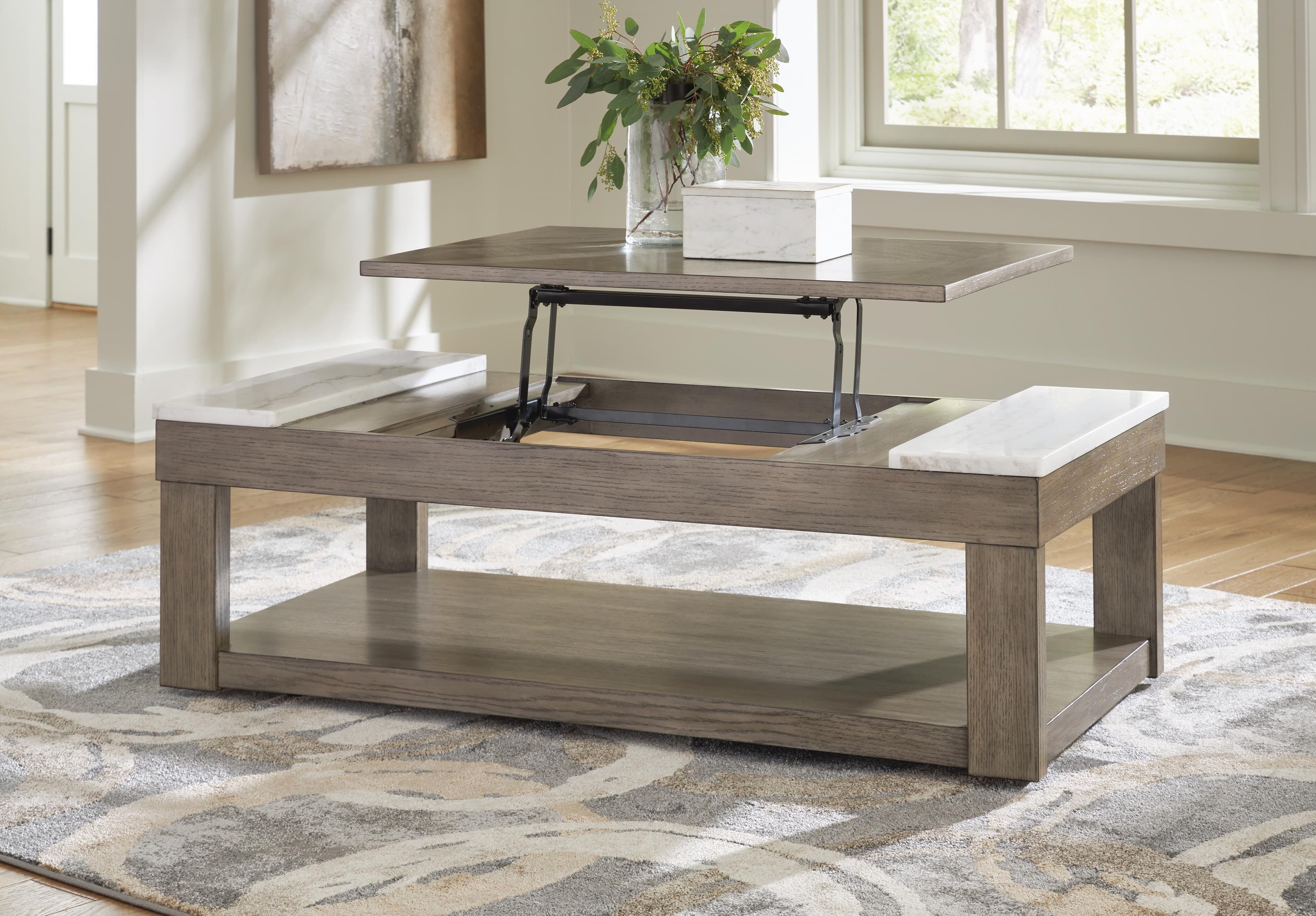 Loyaska Lift-Top Coffee Table — White & Brown/Beige — view 6