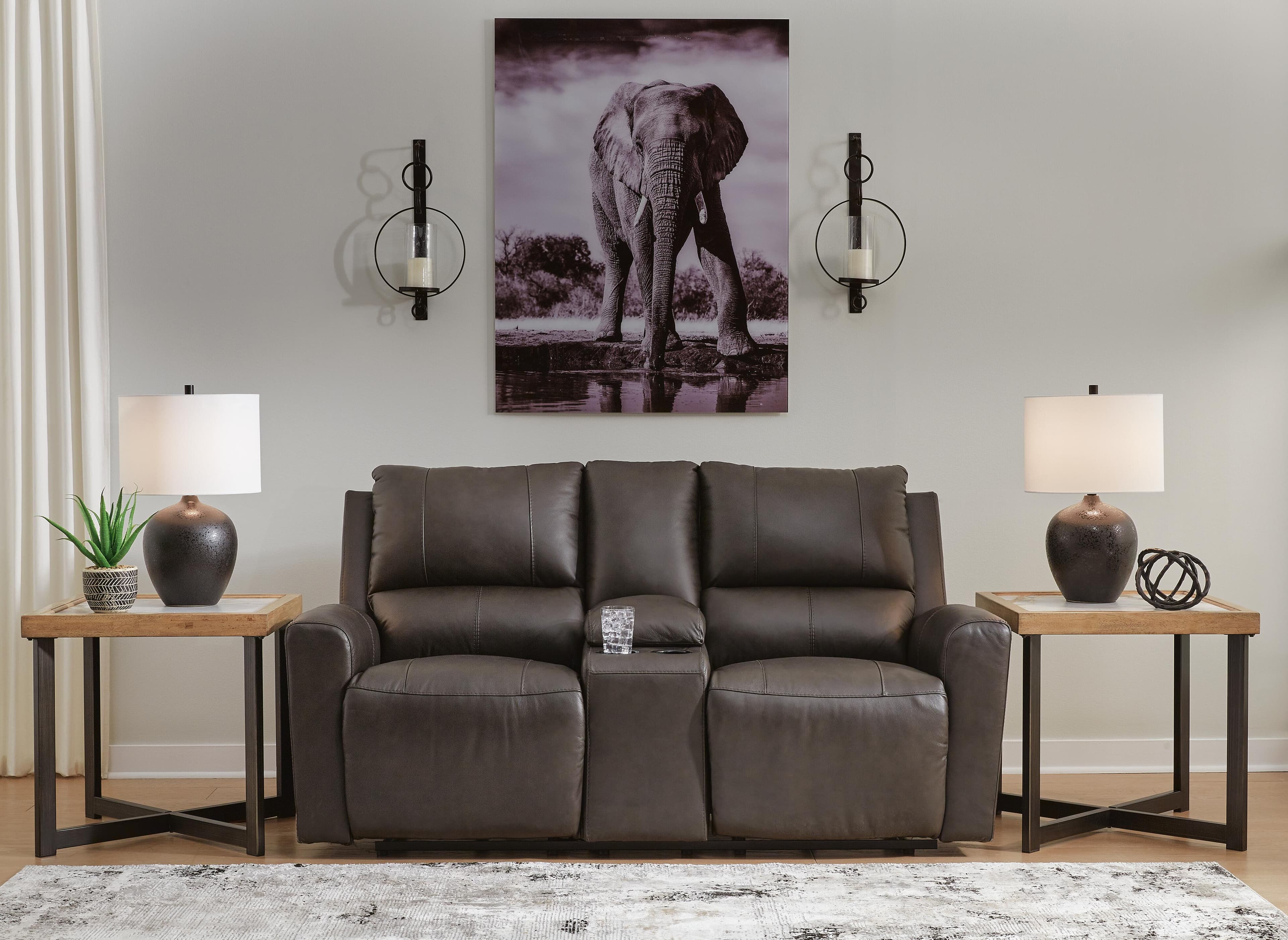 Boxmere Power Reclining Loveseat with Console — Black/Gray — view 2