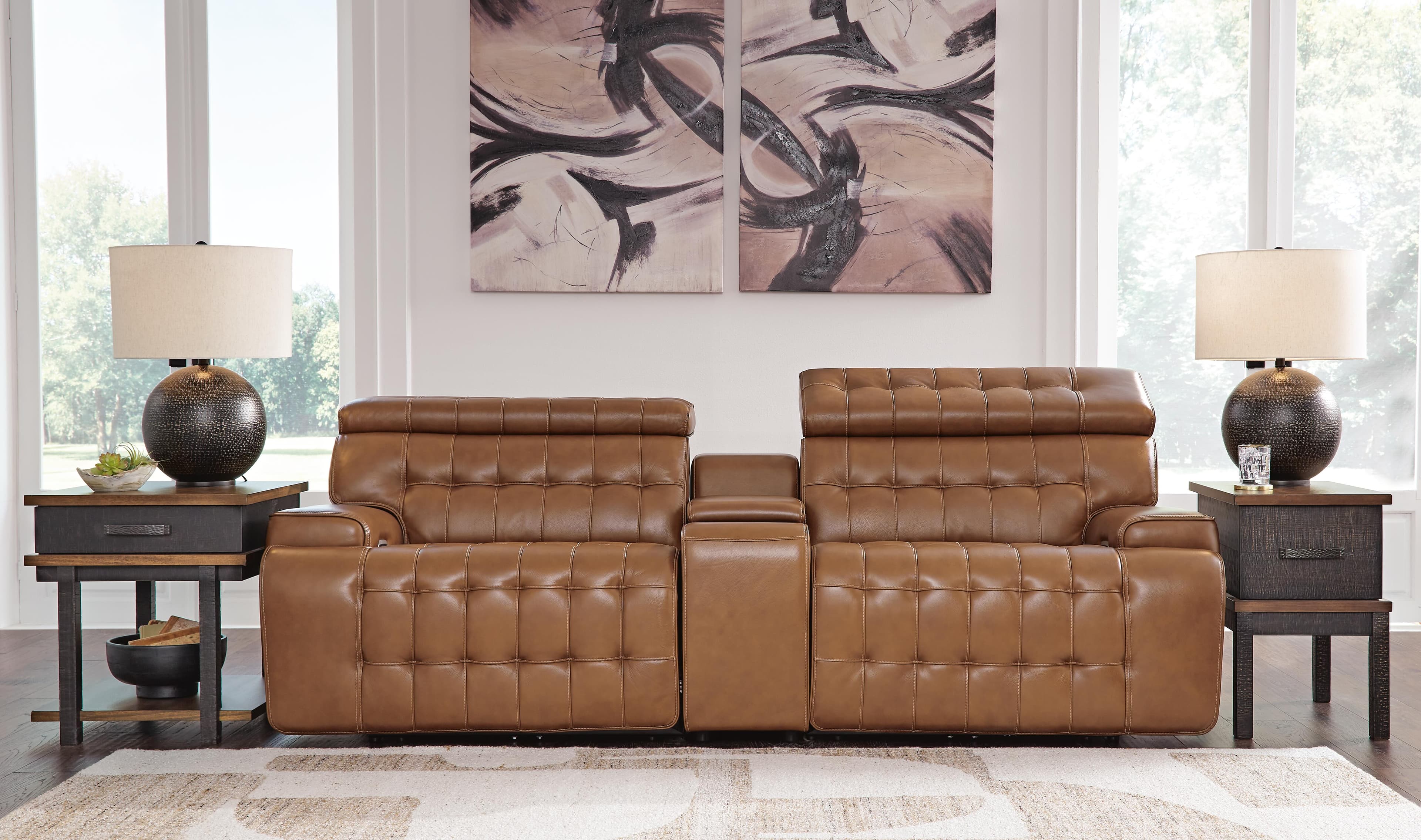 Temmpton 3-Piece Power Reclining Sectional Loveseat with Console — Brown/Beige — view 2