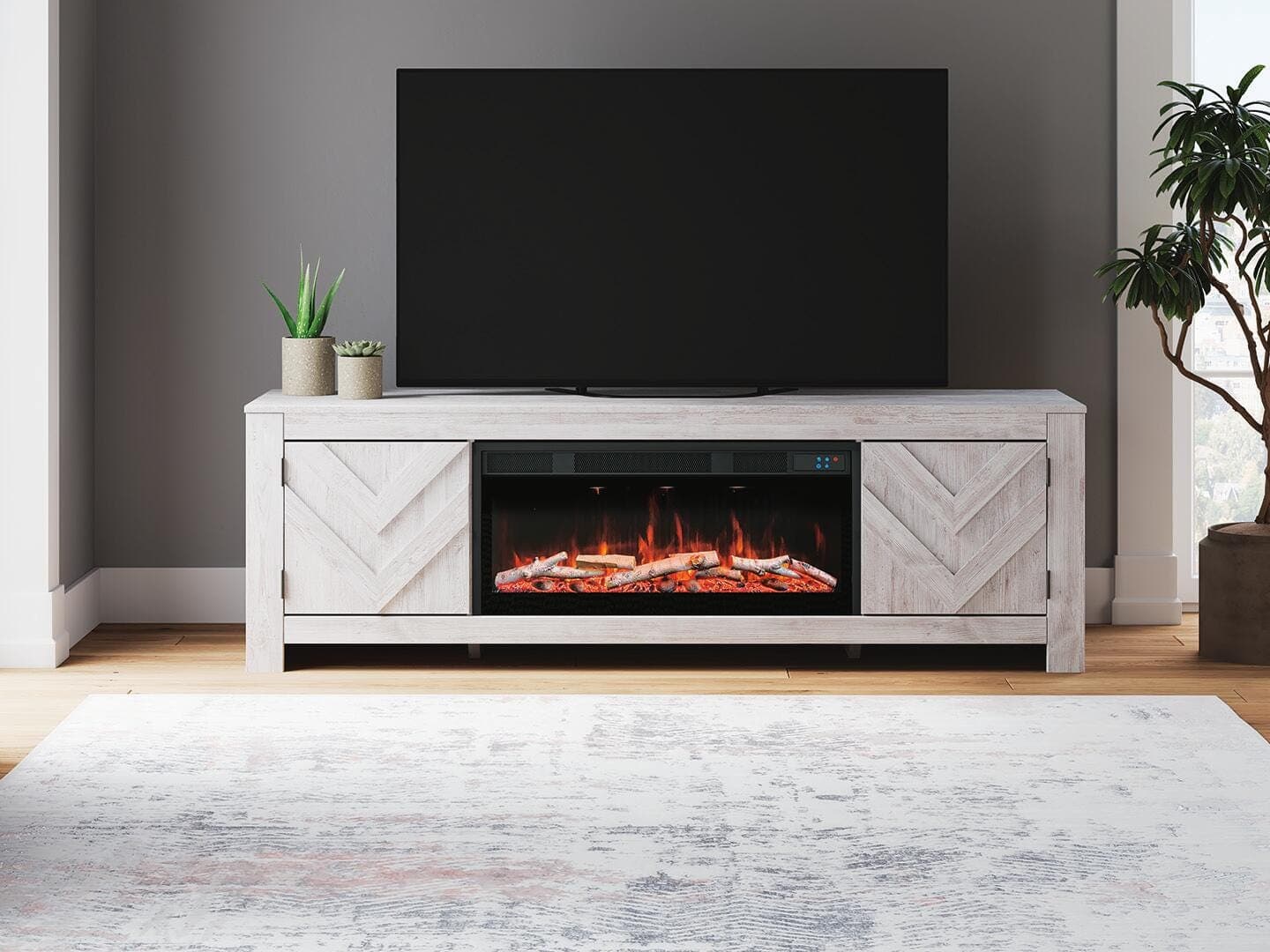 Cayboni 71" TV Stand with Electric Fireplace — Whitewash — view 2