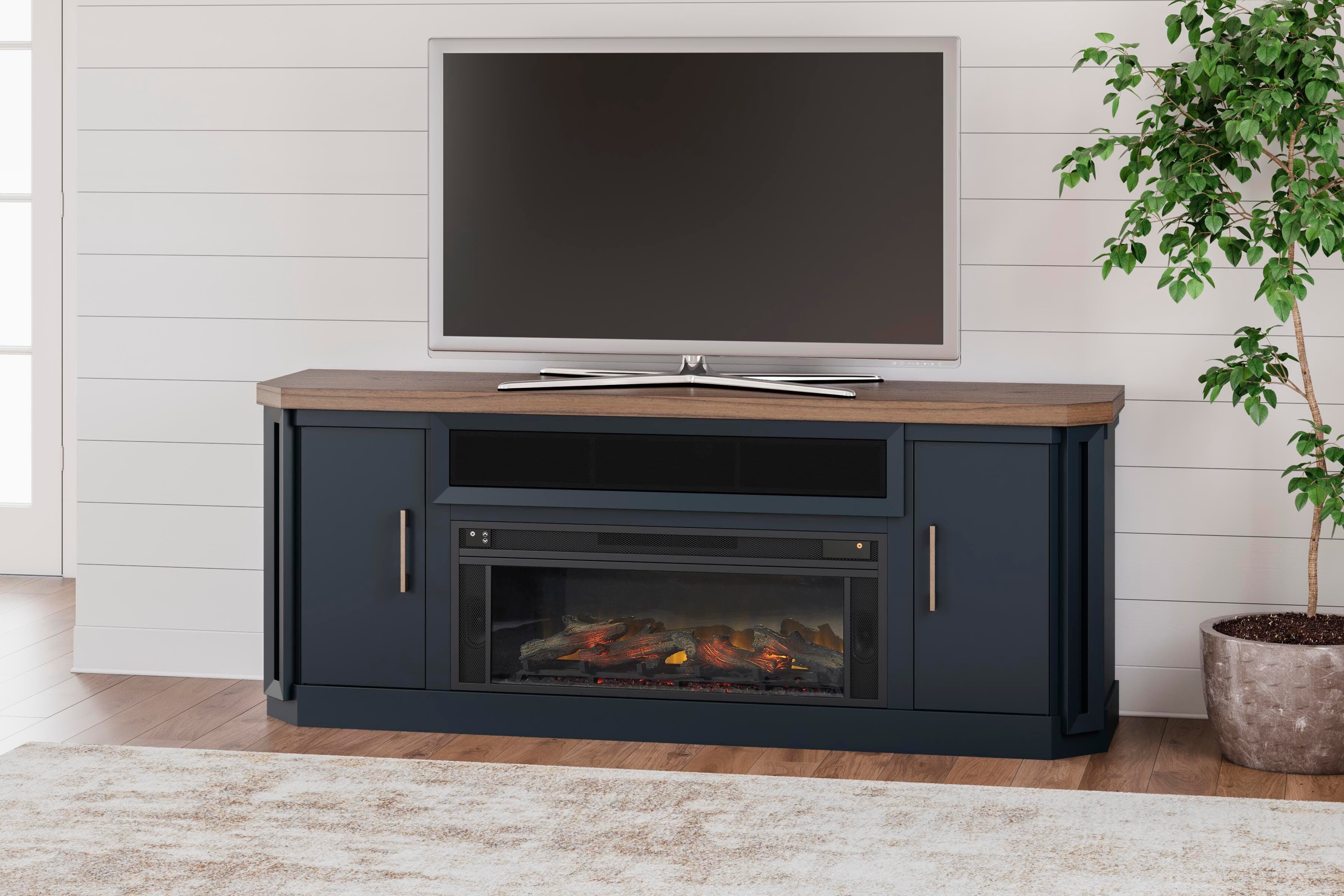Landocken 83" TV Stand with Electric Fireplace — Blue & Brown/Beige — view 2