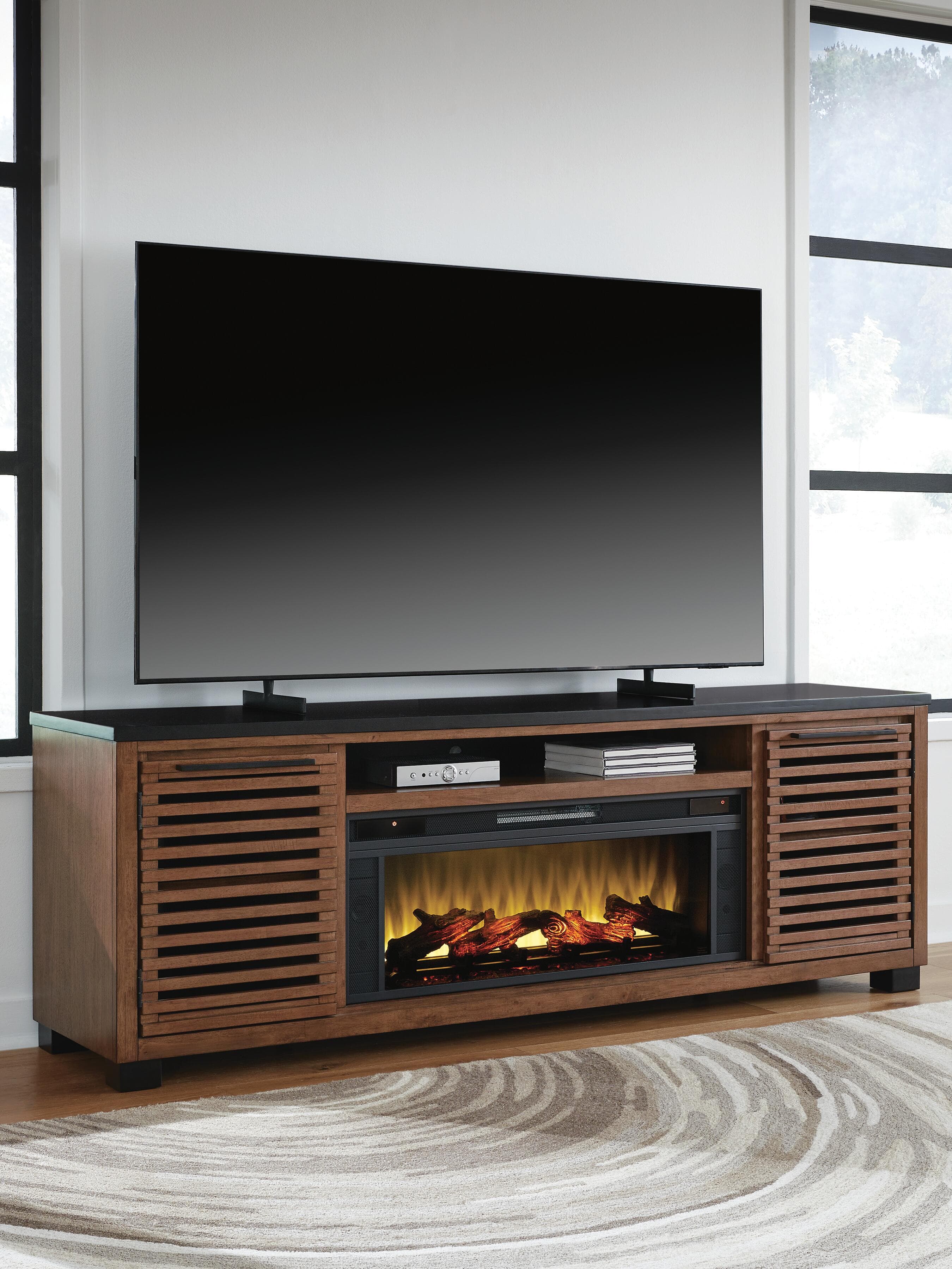 Kallari 84" TV Stand with Electric Fireplace — Warm Brown/Black — view 2