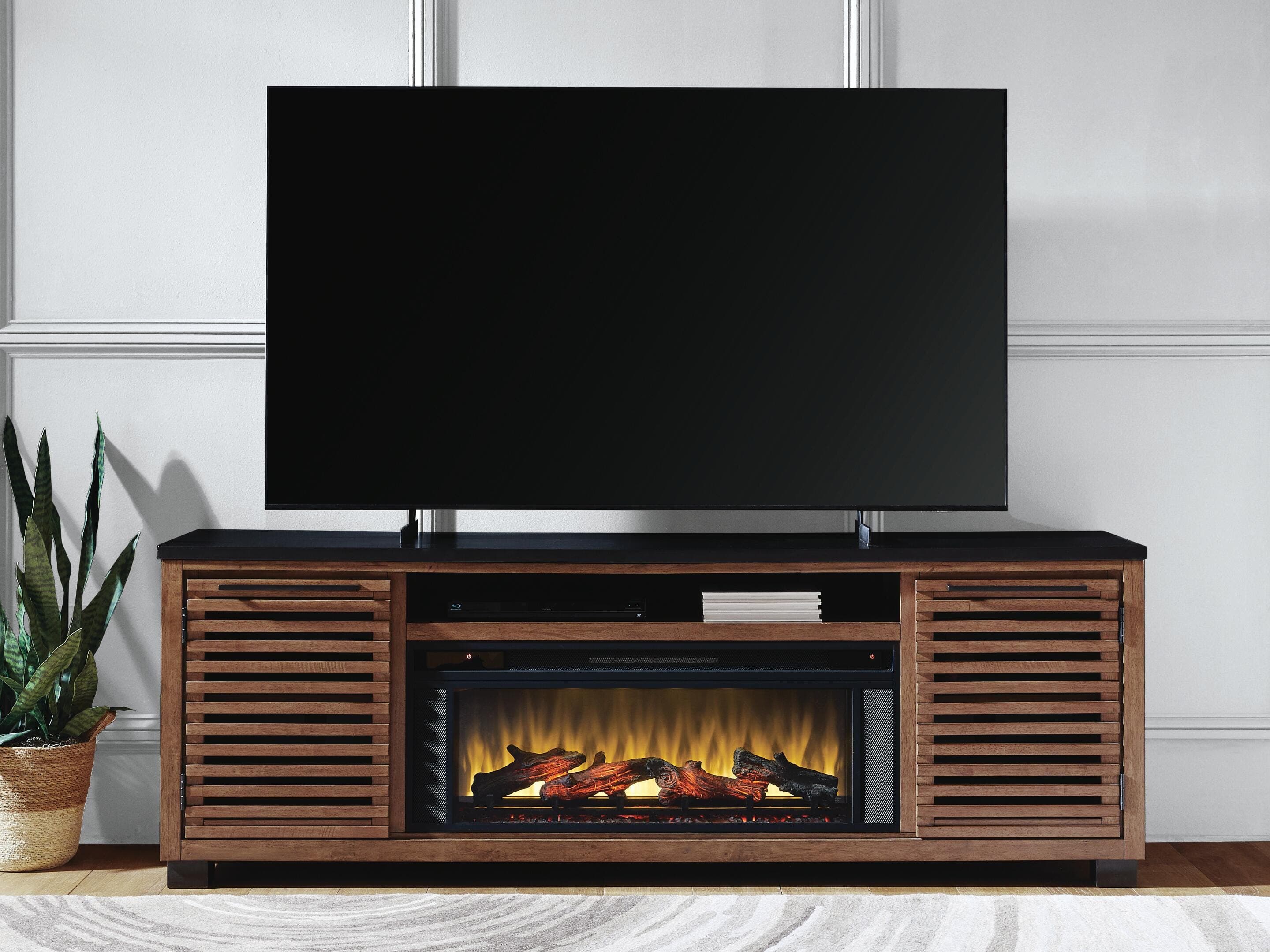 Kallari 84" TV Stand with Electric Fireplace — Warm Brown/Black — view 4
